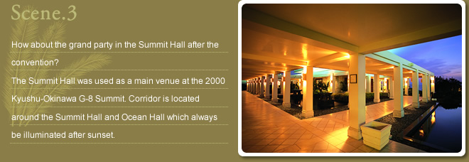Scene.3 How about the grand party in the Summit Hall after the meeting? The Summit Hall was used as a main venue at the 2000 Kyushu-Okinawa G-8 Summit The illuminated corridor is very beautiful which is located arount the Summit Hall.